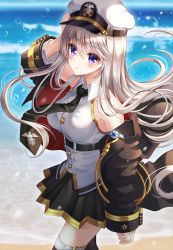 Rule 34 | 1girl, arm up, azur lane, bad id, bad pixiv id, bare shoulders, beach, belt, black coat, black skirt, breasts, bubble, buttons, coat, collared shirt, cowboy shot, day, ecu8080, enterprise (azur lane), floating hair, hat, highres, long hair, long sleeves, looking at viewer, medium breasts, military, military hat, military uniform, miniskirt, necktie, off shoulder, open clothes, open coat, peaked cap, pleated skirt, purple eyes, revision, shirt, silver hair, skirt, sleeveless, sleeveless shirt, solo, standing, thighhighs, uniform, water, white shirt, zettai ryouiki