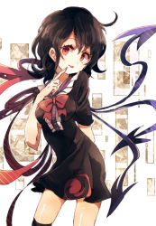 Rule 34 | 1girl, arm behind back, asymmetrical wings, black dress, black hair, breasts, dress, finger to mouth, hisona (suaritesumi), houjuu nue, looking at viewer, open mouth, red eyes, short dress, short hair, smile, solo, touhou, wings