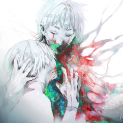 Rule 34 | 2boys, absurdres, androgynous, biting, blood, blood on face, blood on hands, closed eyes, commentary request, from side, gradient background, hand in another&#039;s hair, hand up, highres, kaneki ken, koujima shikasa, long sleeves, male focus, multiple boys, nagachika hideyoshi, shirt, short hair, simple background, tokyo ghoul, upper body, white background