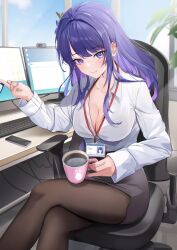Rule 34 | 1girl, alternate costume, breasts, brown pantyhose, cellphone, cleavage, closed mouth, collar, collared shirt, computer, crossed legs, cup, genshin impact, grey skirt, high-waist skirt, highres, holding, holding cup, indoors, large breasts, long hair, long sleeves, looking at viewer, mole, mole under eye, multicolored hair, office lady, on chair, pantyhose, phone, purple eyes, purple hair, purple nails, raiden shogun, shirt, sitting, skirt, smartphone, smile, solo, two-tone hair, white collar, white shirt, yutoriko (candy0905)