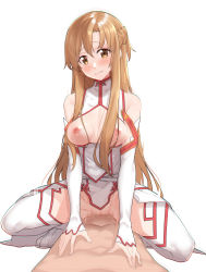 Rule 34 | 1boy, 1girl, absurdres, asuna (sao), bare shoulders, blush, bottomless, braid, breasts, brown eyes, brown hair, censored, commentary request, cowgirl position, detached sleeves, girl on top, hetero, highres, long hair, looking at viewer, morisobo, mosaic censoring, nipples, no panties, open mouth, parted lips, pov, pov crotch, pussy, sex, shiny skin, simple background, smile, solo focus, squatting, straddling, sword art online, teeth, thighhighs, vaginal, white background, white sleeves