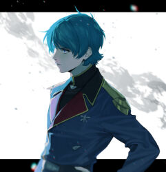 Rule 34 | 1boy, alternate universe, artist name, belt, black shirt, blue eyes, blue hair, blue jacket, blurry, char&#039;s counterattack, commentary, gundam, hand on own hip, high collar, jacket, kamille bidan, letterboxed, long sleeves, looking afar, male focus, military uniform, neo zeon, outside border, serious, shirt, short hair, signature, simple background, solo, uniform, upper body, ususio 11, v-shaped eyebrows, white background