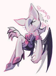 Rule 34 | 1girl, animal ears, animal nose, aoki (fumomo), bare shoulders, bat ears, bat girl, bat wings, black bodysuit, black wings, blue eyeshadow, body fur, bodysuit, boots, breasts, character name, closed mouth, english text, eyeshadow, female focus, from side, full body, furry, furry female, half-closed eyes, hand up, happy, high heels, looking at viewer, medium breasts, pink background, red eyes, rouge the bat, short hair, sideways mouth, simple background, smile, solo, sonic (series), tail, thigh boots, white footwear, white fur, white hair, wings