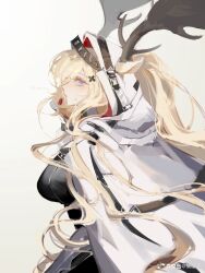 Rule 34 | 1girl, antlers, arknights, artist request, black dress, blonde hair, blue eyes, blush, breasts, cape, closed mouth, deer girl, dress, highres, horns, looking at viewer, medium breasts, non-web source, simple background, solo, source request, upper body, viviana (arknights), white background, white cape