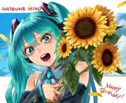 Rule 34 | 1girl, aqua eyes, aqua hair, bare shoulders, birthday, blue nails, character name, commentary request, detached sleeves, eyebrows hidden by hair, falling petals, fingernails, flower, hair ornament, hatsune miku, headphones, highres, holding, holding flower, long hair, nail polish, necktie, open mouth, petals, sleeveless, solo, sunflower, twintails, vocaloid, yellow flower, yomoyama yotabanashi