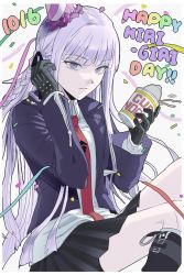 Rule 34 | 1girl, black footwear, black gloves, black ribbon, black skirt, boots, braid, character name, danganronpa: trigger happy havoc, danganronpa (series), dated, expressionless, food, gloves, hair ribbon, hands up, happy birthday, hat, highres, holding, holding food, jacket, kirigiri kyoko, long hair, long sleeves, miniskirt, necktie, nissin cup noodle, o m3c, open clothes, open jacket, party hat, pink hair, pleated skirt, print necktie, purple eyes, purple jacket, red necktie, ribbon, shirt, side braid, skirt, solo, white shirt