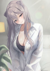 Rule 34 | 1girl, alternate costume, animal ears, black eyes, black sports bra, blurry, blush, breasts, cleavage, collarbone, collared shirt, commentary, depth of field, grey hair, haro art, head tilt, highres, hololive, indoors, large breasts, lion ears, lion girl, long hair, long sleeves, looking at viewer, parted lips, partially unbuttoned, plant, shirt, shishiro botan, solo, sports bra, upper body, virtual youtuber, waking up, white shirt