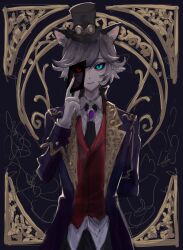 Rule 34 | 1boy, absurdres, animal ear fluff, animal ears, arm behind back, black bow, black coat, black hat, black necktie, black sclera, blue eyes, bow, card, cat boy, cat ears, closed mouth, coat, collared shirt, colored sclera, commentary request, gloves, grey hair, hair bow, hand up, hands up, hat, heterochromia, highres, holding, holding card, identity v, jiz (pffbq), joseph desaulniers, joseph desaulniers (moonlight gentleman), long sleeves, looking at viewer, male focus, mini hat, mini top hat, necktie, red eyes, red vest, shirt, slit pupils, smile, top hat, upper body, vest
