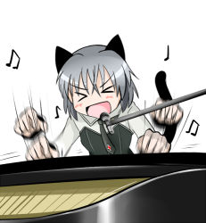 Rule 34 | &gt; &lt;, 1girl, animal ears, closed eyes, instrument, lowres, microphone, microphone stand, music, musical note, open mouth, piano, playing instrument, sanya v. litvyak, short hair, silver hair, smile, solo, strike witches, tail, tanaka rikimaru, world witches series
