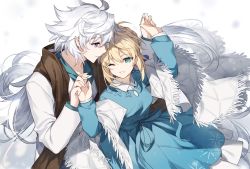 Rule 34 | 1boy, 1girl, ahoge, alternate costume, artoria pendragon (all), artoria pendragon (fate), blonde hair, blue dress, brown scarf, commentary request, dress, fate/grand order, fate/stay night, fate (series), green eyes, grey hair, hands up, holding hands, kamiowl, merlin (fate), one eye closed, purple eyes, saber (fate), scarf, shawl, shirt, smile, teeth, white background, white hair, white shawl, white shirt