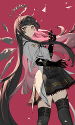 Rule 34 | 1girl, absurdly long hair, ahoge, arched back, arknights, artist name, ascot, belt, belt buckle, belt pouch, black ascot, black belt, black garter straps, black gloves, black hair, black pouch, black skirt, black sleeves, black thighhighs, blunt bangs, breasts, broken halo, brown eyes, brown hair, buckle, chinese commentary, chinese text, closed mouth, collared jacket, colored inner hair, commentary request, cowboy shot, dark halo, detached wings, dutch angle, energy wings, eyelashes, feet out of frame, from side, garter straps, gloves, grey halo, grey wings, halo, hands up, highres, hime cut, jacket, layered sleeves, light blush, light frown, long hair, long sleeves, looking at viewer, looking to the side, medium breasts, miniskirt, mole, mole under eye, multicolored hair, outstretched hand, pale skin, pink background, pink hair, pleated skirt, pouch, revision, short over long sleeves, short-sleeved jacket, short sleeves, sidelocks, simple background, skirt, solo, standing, thighhighs, thighs, very long hair, virtuosa (arknights), white belt, white jacket, wide sleeves, wings, wudongyouyi, yellow pupils, zettai ryouiki