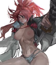 Rule 34 | 1girl, absurdres, amputee, baiken, big hair, black jacket, breasts, eyepatch, facial tattoo, guilty gear, guilty gear strive, highres, holding, holding sword, holding weapon, jacket, jacket on shoulders, katana, large breasts, long hair, looking at viewer, navel, nipples, no bra, one-eyed, ponytail, red eyes, red hair, samurai, sketch, sword, tattoo, torn sleeve, tristan mori, weapon