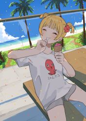 Rule 34 | 1girl, absurdres, artist logo, blonde hair, blush, closed eyes, coconut tree, commentary request, day, eating, facing viewer, flower, food, glass wall, grey shorts, hair flower, hair ornament, highres, holding, holding food, holding ice cream, holding spoon, ice cream, ice cream cone, mashiro ka, original, outdoors, palm tree, red flower, shirt, short hair, shorts, sitting, sky, solo, spoon, t-shirt, tree, twintails, utensil in mouth