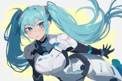Rule 34 | 1girl, armor, artist name, black bodysuit, blue eyes, blue hair, blush, bodysuit, character name, commentary, english commentary, eyelashes, hatsune miku, highres, long hair, ms tsukii, number print, parted lips, power armor, print armor, sketch, solo, text print, vocaloid, white armor, white background, yellow background