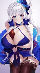 Rule 34 | 1girl, azur lane, bare shoulders, between breasts, blue dress, blue eyes, blue gloves, blush, box, box of chocolates, breasts, dress, gloves, hair ornament, highres, illustrious (azur lane), illustrious (never-ending tea party) (azur lane), large breasts, long hair, looking at viewer, mole, mole under eye, official alternate costume, parted lips, side ponytail, simple background, smile, solo, thighhighs, thighs, wee (weeyy), white background, white hair