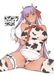 Rule 34 | 1girl, 2021, animal ears, animal print, bb (fate), bb (swimsuit mooncancer) (third ascension) (fate), bracelet, breasts, cow ears, cow girl, cow horns, cow print, dark-skinned female, dark skin, fate/grand order, fate (series), female focus, frills, garter straps, gloves, gluteal fold, horns, jewelry, k52, large breasts, leotard, long hair, playing with own hair, purple hair, ribbon, sitting, solo