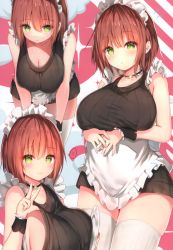 Rule 34 | 1girl, absurdres, apron, bare shoulders, blush, breasts, brown hair, choker, cleavage, closed mouth, clothes pull, collarbone, dress, frills, green eyes, highres, large breasts, leaning forward, lips, looking at viewer, maid headdress, multiple views, open mouth, original, pulled by self, scan, short dress, short hair, simple background, sleeveless, smile, sune (mugendai), sweat, sweatdrop, sweater, sweater dress, thighhighs, waist apron, white thighhighs, wrist cuffs, zettai ryouiki