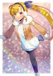 Rule 34 | 1girl, absurdres, aran sweater, black pantyhose, black ribbon, blonde hair, brown jacket, cable knit, closed mouth, commission, commissioner upload, earmuffs, fur-trimmed jacket, fur trim, green eyes, hair ribbon, heterochromia, highres, ice skates, ice skating, jacket, kou hiyoyo, long hair, long sleeves, lyrical nanoha, mahou shoujo lyrical nanoha, mittens, non-web source, open clothes, open jacket, pantyhose, ponytail, puffy long sleeves, puffy sleeves, red eyes, ribbon, skates, skating, skeb commission, sleeves past wrists, solo, sweat, sweater, very long hair, vivio, wavy mouth, white footwear, white mittens, white sweater