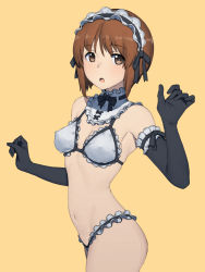 Rule 34 | 1girl, absurdres, alternate costume, bikini, black gloves, brown eyes, brown hair, detached collar, elbow gloves, girls und panzer, gloves, highres, maid, maid bikini, maid headdress, midriff, navel, nishizumi miho, onsen tamago (hs egg), open mouth, short hair, simple background, solo, swimsuit, unconventional maid, yellow background