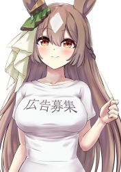 Rule 34 | 1girl, absurdres, alternate costume, animal ears, blush, braid, breasts, brown hair, closed mouth, clothes writing, collarbone, commentary request, ear ornament, grey hair, half updo, hand up, herohero (higashi no dou), highres, horse ears, large breasts, long hair, looking at viewer, multicolored hair, orange eyes, satono diamond (umamusume), shirt, short sleeves, simple background, smile, solo, straight hair, translation request, two-tone hair, umamusume, upper body, very long hair, white background, white shirt
