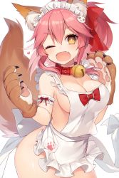 Rule 34 | 1girl, ;d, animal ear fluff, animal ears, animal hands, apron, arm garter, armband, bell, blush, breasts, cat hair ornament, cleavage, collar, fang, fate/grand order, fate (series), fox ears, fox tail, hair ornament, hair ribbon, heart, jingle bell, large breasts, long hair, looking at viewer, muryotaro, naked apron, neck bell, one eye closed, open mouth, pink hair, ponytail, ribbon, simple background, smile, solo, tail, tamamo (fate), tamamo cat (fate), tamamo no mae (fate/extra), white background, yellow eyes