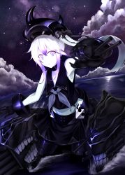 Rule 34 | 10s, 1girl, :o, abyssal ship, amputee, arm cannon, bare shoulders, black gloves, black skirt, bow, choker, cloud, collarbone, crop top, destroyer princess, double amputee, gloves, hair bow, hat, highres, horns, kantai collection, long hair, night, night sky, open mouth, paka, purple eyes, school uniform, serafuku, side ponytail, skirt, sky, sleeveless, solo, star (sky), turret, water, weapon, white hair