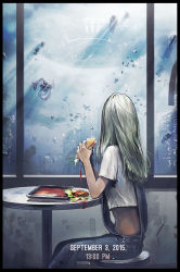Rule 34 | 1girl, apocalypse, bayashiko, black border, border, commentary, dated, english commentary, food, from side, grey hair, burger, highres, holding, holding food, long hair, looking away, original, overalls, science fiction, shirt, short sleeves, sitting, solo, tray, ufo, white shirt, window