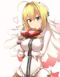 Rule 34 | 10s, 1girl, ahoge, belt, blonde hair, breasts, chain, fate/extra, fate/extra ccc, fate (series), flower, green eyes, heart, large breasts, lock, moninora (moninora83), nero claudius (bride) (fate), nero claudius (fate), nero claudius (fate), padlock, solo, valentine, veil