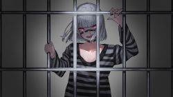 Rule 34 | 1girl, absurdres, arm up, black choker, black nails, character request, choker, collarbone, commentary request, facial mark, fingernails, glowing, glowing eyes, highres, kuronoiparoma, long sleeves, looking at viewer, nail polish, open mouth, original, prison cell, prison clothes, prisoner, red eyes, shirt, silver hair, solo, striped clothes, striped shirt, v-shaped eyebrows, vocaloid