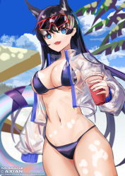 Rule 34 | 1girl, :d, absurdres, alternate costume, animal ears, arknights, bikini, black hair, blaze (arknights), blue bikini, blue eyes, blue sky, breasts, cat ears, cloud, commentary, cowboy shot, cup, day, eyewear on head, highres, holding, holding cup, innertube, jacket, large breasts, long hair, long sleeves, looking at viewer, navel, open clothes, open jacket, open mouth, redfish, see-through, sky, smile, solo, standing, stomach, sunglasses, swim ring, swimsuit, thighs, very long hair, white jacket