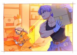 Rule 34 | 1boy, 1girl, belt, black shirt, blue eyes, box, bulma, bulma (future), capsule corp, carrying, carrying over shoulder, clothes around waist, dragon ball, dragonball z, drill, gloves, hammer, holding, holding wrench, indoors, jacket, kneeling, libeuo (liveolivel), light rays, long hair, looking back, mother and son, muscular, open mouth, ponytail, power drill, power tool, purple hair, shelf, shirt, sleeveless, sleeveless shirt, sunlight, sunset, trunks (dragon ball), trunks (future) (dragon ball), white gloves, wrench