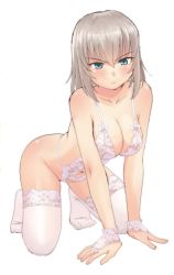 Rule 34 | 10s, 1girl, angry, arm support, bare shoulders, blue eyes, breasts, bridal gauntlets, cleavage, closed mouth, collarbone, commentary request, frown, full body, girls und panzer, gloves, itsumi erika, kneeling, lace, lace-trimmed legwear, lace trim, lingerie, long hair, looking at viewer, medium breasts, navel, silver hair, simple background, solo, teddy (lingerie), thighhighs, underwear, unitard, uona telepin, v-shaped eyebrows, white background, white gloves, white thighhighs