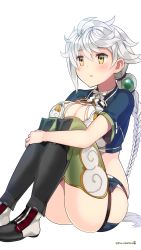 Rule 34 | 10s, 1girl, asymmetrical hair, blush, boots, braid, breasts, cleavage cutout, clothing cutout, cloud print, commentary request, crop top, female focus, green thighhighs, hair ornament, highres, hugging own legs, jitome, kantai collection, knee boots, knees to chest, kuro chairo no neko, large breasts, long hair, midriff, paw print, silver hair, simple background, single braid, sitting, solo, thighhighs, twitter username, unryuu (kancolle), very long hair, wavy hair, white background, yellow eyes