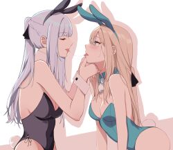 Rule 34 | 2girls, absurdres, after kiss, ak-12 (girls&#039; frontline), alternate costume, an-94 (girls&#039; frontline), animal ears, aqua eyes, aqua leotard, black leotard, blonde hair, blush, braid, breasts, cleavage, closed eyes, fake animal ears, feet out of frame, female focus, french braid, girls&#039; frontline, highres, kavni, leotard, long hair, looking at another, medium breasts, multiple girls, open mouth, playboy bunny, ponytail, rabbit ears, rabbit tail, saliva, saliva trail, sidelocks, simple background, small breasts, tail, tongue, tongue out, upper body, white hair, white wrist cuffs, wrist cuffs, yuri