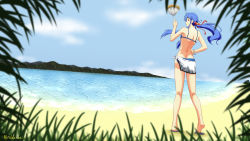 Rule 34 | 1girl, alternate costume, alternate hairstyle, ass, back, bare legs, bare shoulders, beach, bead bracelet, beads, bikini, blue bikini, blue hair, bracelet, breasts, cloud, commentary, day, english commentary, floating, floating object, floating rock, food, from behind, fruit, full body, hair ribbon, hand on own hip, highres, hinanawi tenshi, horizon, island, jewelry, keystone, kneepits, looking at viewer, looking back, mountainous horizon, no headwear, no headwear, ocean, aged up, outdoors, peach, ponytail, rainbow bracelet, rakkidei, red eyes, red ribbon, ribbon, sarong, short hair with long locks, sky, slippers, small breasts, solo, standing, summer, swimsuit, touhou, twitter username, water, watermark