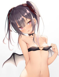 Rule 34 | 1girl, absurdres, areola slip, arm behind back, bare arms, bikini, bikini pull, black choker, black hair, black ribbon, black wings, blunt bangs, blush, breasts, choker, clothes pull, collarbone, demon girl, demon wings, hair ribbon, heart o-ring, heart ring top, highres, long hair, looking at viewer, micro bikini, navel, original, parted lips, pulled by self, purple eyes, red ribbon, ribbon, ribbon choker, seductive smile, shinigami (tukiyomiikuto), simple background, small breasts, smile, solo, stomach, strapless, strapless bikini, swimsuit, twintails, upper body, white background, wings