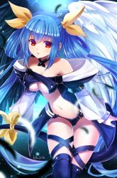 Rule 34 | 1girl, angel wings, asymmetrical wings, bare shoulders, belt, black panties, blue hair, breasts, center opening, choker, cleavage, collarbone, commentary, dated, dizzy (guilty gear), english commentary, feathered wings, feathers, felielle, gluteal fold, guilty gear, guilty gear x, guilty gear xx, hair between eyes, hair ribbon, hair rings, highres, large breasts, long hair, long sleeves, looking at viewer, midriff, navel, open mouth, panties, puffy long sleeves, puffy sleeves, red eyes, ribbon, sidelocks, signature, solo, thick thighs, thigh gap, thigh strap, thighs, twintails, underboob, underwear, wings, yellow ribbon