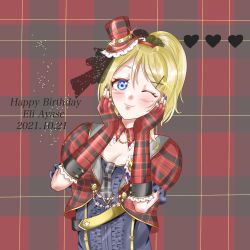 Rule 34 | 1girl, ;), artist name, artist request, ayase eli, black nail polish, black nails, black neckwear, blonde hair, blue dress, blue eyes, blush, breasts, center frills, checkered clothes, checkered neckwear, collarbone, cropped jacket, dress, elbow gloves, female focus, fingerless gloves, frills, gloves, grey sailor collar, hair between eyes, hair ornament, hand on own cheek, hand on own face, hat, high ponytail, highres, jacket, long hair, looking at viewer, love live!, love live! school idol festival, love live! school idol project, mini hat, mini top hat, nail, nail polish, one eye closed, parted lips, ponytail, red gloves, red hat, red jacket, sailor collar, short hair, small breasts, smile, solo, suspenders, top hat, upper body, wink, x hair ornament