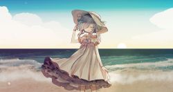 Rule 34 | arm up, backlighting, bad id, bad pixiv id, bare arms, bare shoulders, beach, blue hair, choker, day, dress, closed eyes, frills, hat, holding, holding clothes, holding hat, open mouth, original, outdoors, short hair, sky, smile, solo, upper body, water, yanafle