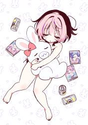 &gt;_&lt; 1girl akiyama_enma barefoot beer_can black_hair black_nails blush bow can closed_eyes collarbone colored_bangs commentary_request drink_can fangs fangs_out full_body hair_intakes heart heart_background highres hugging_doll hugging_object lying manga_(object) meta multicolored_hair nail_polish noa-senpai_wa_tomodachi. nude on_back parted_lips pink_bow pink_hair rabbit_background saotome_noa short_hair sleeping solo stuffed_animal stuffed_rabbit stuffed_toy two-tone_hair u_u white_background