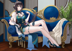 Rule 34 | 1girl, absurdres, aqua dress, aqua eyes, aqua gloves, bare shoulders, bead necklace, beads, black hair, breasts, brown hair, chinese clothes, cleavage, clothing cutout, couch, dress, frozen-sad, gloves, green dress, green gloves, highres, honkai: star rail, honkai (series), jewelry, long hair, looking at viewer, medium breasts, necklace, on couch, pearl necklace, ruan mei (honkai: star rail), short sleeves, shoulder cutout, sitting, solo, thighs, very long hair