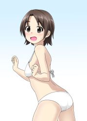 Rule 34 | 1girl, absurdres, ass, back, bikini, blue background, blush, breasts, brown eyes, brown hair, clenched hand, commentary, cowboy shot, from side, frown, girls und panzer, gradient background, highres, horagai (horagai222), leaning forward, looking at viewer, open mouth, parted bangs, sawa azusa, short hair, small breasts, solo, standing, sweatdrop, swimsuit, white bikini