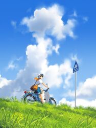 Rule 34 | 1girl, bag, blue sky, brown eyes, brown hair, bysau, closed mouth, cloud, commentary, denim, denim shorts, english commentary, flower, from below, goggles, goggles on headwear, grass, handbag, helmet, highres, looking afar, motor vehicle, motorcycle, neckerchief, orange neckerchief, original, road sign, shirt, short hair, short sleeves, shorts, sign, sky, solo, white shirt, wide sleeves, yellow flower