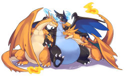 Rule 34 | blue fire, blush, charizard, claws, creatures (company), dragon, fangs, fire, game freak, gen 1 pokemon, harem, mega charizard x, mega charizard y, mega pokemon, meganemido, nintendo, no humans, pokemon, pokemon (creature), simple background, spikes, tongue, tongue out, wings