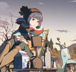 Rule 34 | 1girl, blue hair, carton, chair, chinese commentary, commentary request, cup, folding chair, hat, highres, holding, jacket, motor vehicle, outdoors, portable stove, purple eyes, scarf, scooter, shima rin, sitting, solo, tennohi, twilight, winter clothes, yamaha vino, yurucamp