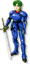 Rule 34 | 1boy, alm (fire emblem), armor, artist request, blue armor, breastplate, clenched hands, fire emblem, fire emblem gaiden, full body, green eyes, green hair, holding, holding sword, holding weapon, looking at viewer, nintendo, official art, pauldrons, shadow, shoulder armor, smile, standing, sword, weapon