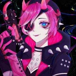Rule 34 | 1girl, alternator, apex legends, black background, black jacket, black shirt, blue eyes, breasts, cleavage, cyber punked wattson, eyepatch, grey choker, gun, hood, hood down, horns, jacket, looking at viewer, mechanical arms, official alternate costume, one eye covered, pink eyebrows, pink hair, portrait, red lips, san chuo chuan, shirt, short hair, small breasts, smile, solo, spiked hood, submachine gun, wattson (apex legends), weapon