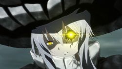 Rule 34 | 10s, 1girl, abyssal ship, clenched teeth, colored skin, crack, cracked skin, glowing, glowing eye, hat, highres, injury, kantai collection, long hair, screencap, sidelocks, silver hair, solo, spoilers, teeth, white skin, wo-class aircraft carrier, yellow eyes