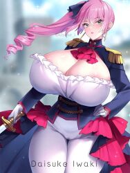 Rule 34 | 1girl, areola slip, artist name, blurry, blurry background, blush, breasts, cleavage, cowboy shot, curvy, dutch angle, eyelashes, female focus, framed breasts, gigantic breasts, green eyes, grin, holding, holding sword, holding weapon, kisuke i, long hair, looking at viewer, pale skin, pants, pink hair, shiny skin, shirt, side ponytail, skin tight, smile, solo, standing, sweat, sword, thick thighs, thigh gap, thighs, uniform, weapon, white pants, white shirt, wide hips