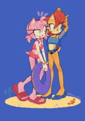 Rule 34 | 2girls, absurdres, alternate costume, amy rose, animal ears, animal nose, arms up, artist name, bangle, bikini, blue background, blue bikini, blue eyes, blue footwear, blue shirt, blush, bow, bracelet, brown hair, closed mouth, crab, eyelashes, full body, furry, furry female, green eyes, hair between eyes, hairband, hedgehog ears, hedgehog girl, hedgehog tail, high heels, highres, historiaallen, holding, holding swim ring, innertube, jewelry, looking to the side, multiple girls, open clothes, open mouth, open shirt, orange fur, palm tree, pink bikini, pink fur, pink hairband, purple innertube, red bow, red footwear, sally acorn, sand, sandals, seashell, see-through, see-through shirt, shell, shirt, shoes, short hair, short sleeves, simple background, smile, sonic (series), squirrel ears, squirrel girl, squirrel tail, standing, swim ring, swimsuit, tail, tree, two-tone fur, yellow fur